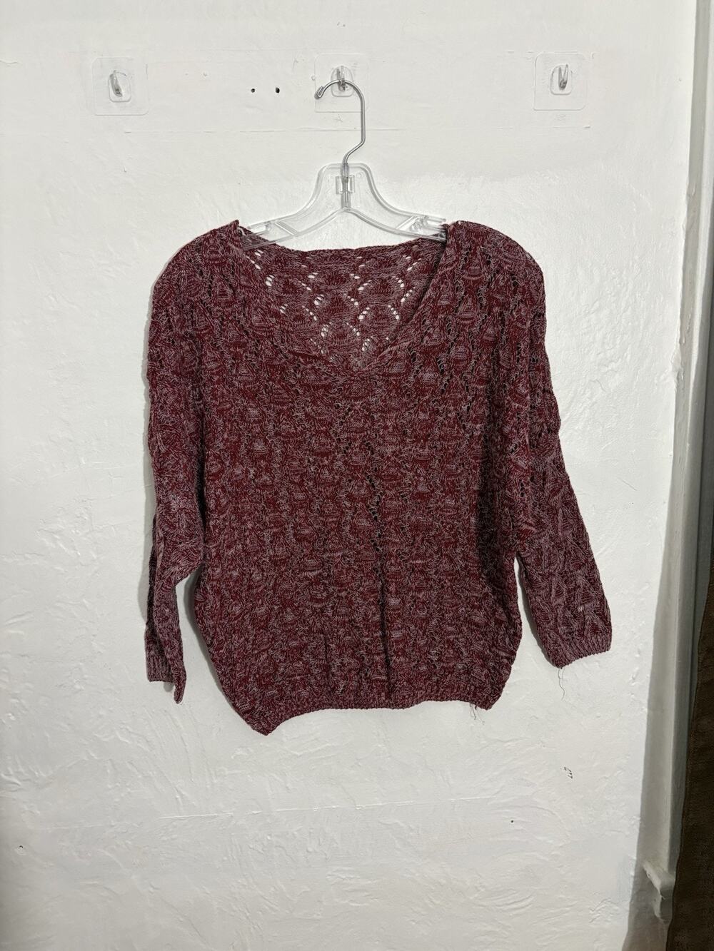 Women's Burgundy Open-Knit V-Neck Pullover Sweater Solid Long Sleeve Size S